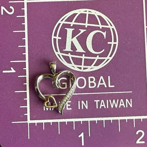 925 Sterling Silver / 10K Gold Real Diamond Double Heart Charm Pendant - Picture 10 of 12